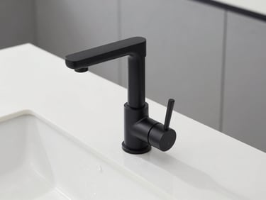 Close-up of a modern matte black faucet installed on a pristine white solid-surface countertop, clean water droplet, architectural focus.