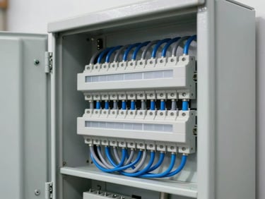 Clean, organized electrical panel with neatly routed blue and grey wires, sharp focus, technical industrial lighting.