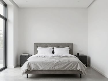 Bright modern bedroom staging with neutral tones, clean white walls, minimalist styling, natural daylight, professional photography