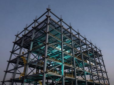 Low-angle shot of a massive structural steel framework mid-erection against a dark twilight sky, cyan highlights