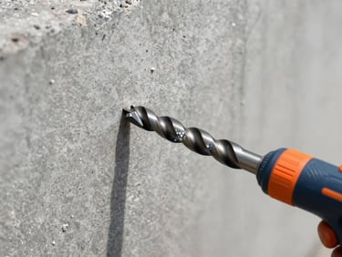 Heavy diamond core drill bit drilling into a thick concrete wall, water cooling spray, sharp focus on the cutting edge.