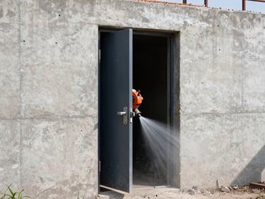A powerful concrete wall saw cutting a precise rectangular door opening in a reinforced concrete wall, slurry spray, industrial setting.
