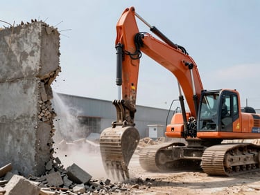 A demolition excavator with a hydraulic breaker attachment breaking concrete on a controlled site, dust suppression spray active.
