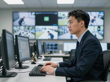 A professional supervisor inspecting a security control room, modern screens in the background, sharp daylight lighting, clean and organized environment.