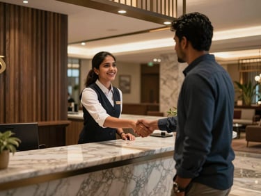 Wide shot of a modern hotel lobby in South Asia, a young receptionist mid-handshake with a guest, warm ambient lobby lighting, marble floor visible, candid mid-motion framing