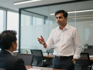Wide environmental shot of a South Asian man in a crisp white shirt standing at a glass-walled office boardroom, mid-sentence, one hand gesturing toward a colleague — natural overhead fluorescent diffused with window light, modern Karachi or Mumbai corporate interior, slightly blurred background