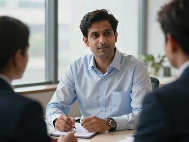 South Asian professional in a formal shirt seated across a desk, hands resting on the table mid-answer, interviewer's notepad visible in foreground, soft studio-quality window light
