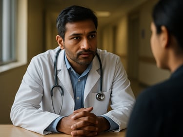 South Asian doctor in a white coat leaning forward attentively across a consulting desk, listening to a patient off-frame, hospital corridor softly lit behind, natural window light from the left, close environmental framing