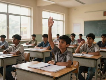 Wide shot of a South Asian classroom interior, a student raising a hand mid-question, warm natural light from tall windows, notebooks and pens on desks, unposed and candid