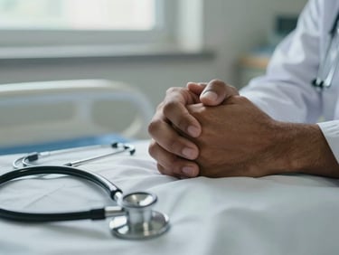 Extreme close-up of a South Asian patient's hands clasped on a hospital bed, a doctor's stethoscope resting on the edge of frame, soft clinical window light, calm and focused atmosphere