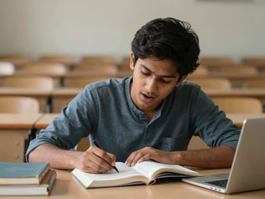 South Asian university student leaning over an open textbook in a lecture hall, mouth slightly open mid-reading, overhead diffused light, books and a laptop visible on the desk
