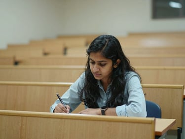 Environmental shot of a university lecture hall, a South Asian female student in the front row, pen in hand, leaning forward attentively — diffused overhead lighting, rows of empty seats behind her, focused and candid