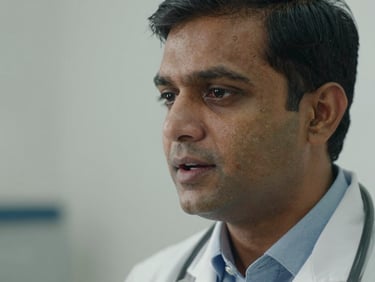 Close-up of a South Asian doctor's mouth mid-sentence, stethoscope visible at collar, soft clinic lighting, shallow depth of field isolating the face against a blurred white wall