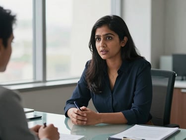 South Asian woman in her late twenties seated across a glass-topped desk from an interviewer, pen in hand, leaning slightly forward mid-answer, natural light from a wide office window, sharp focus on her expression