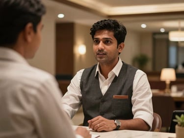 Close-up of South Asian hotel front-desk staff mid-sentence, speaking to a guest off-frame, modern hotel lobby interior visible behind, warm ambient lighting