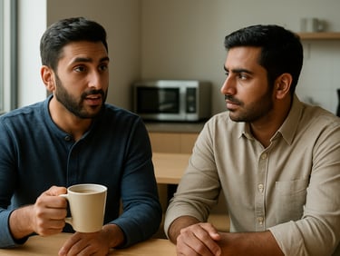 Two South Asian colleagues in a casual office break room, one mid-sentence with a cup of chai in hand, the other listening attentively, natural light from a window to the left