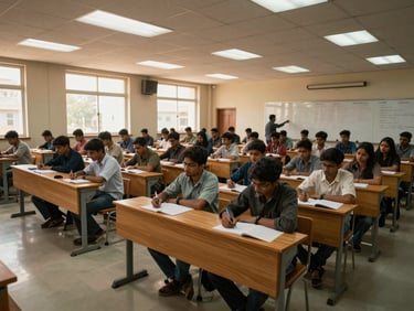 Wide shot of a university lecture hall in South Asia, rows of students mid-note-taking, warm overhead fluorescent light mixing with afternoon window light, a lecturer's hand visible at the edge of the frame pointing to a whiteboard