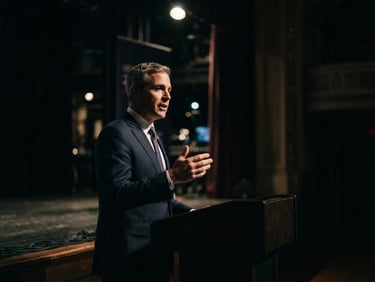 Wide cinematic 21:9 shot of a political candidate standing off-center on a dimly lit stage, dramatic low-key lighting casting sharp shadows, high-contrast anamorphic lens, 35mm.