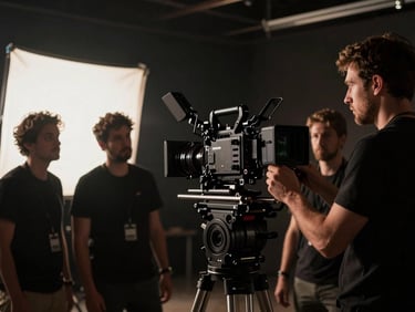 Behind-the-scenes on a high-end film set, dramatic chiaroscuro lighting, camera crew operating a large cinema rig.