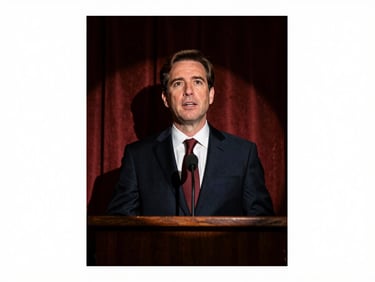 Intense political campaign moment, low-angle heroic framing, candidate speaking behind a podium, dramatic shadow play.