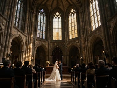 Dramatic wide-angle wedding ceremony in a historic cathedral, golden hour light streaming through high windows, rich dark tones.