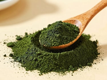 Close-up of vibrant green spirulina powder being scooped with a wooden spoon, warm daylight, elegant minimalist styling
