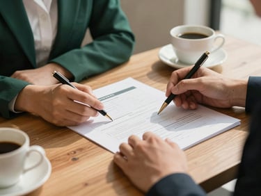 Professional close-up of hands reviewing a structured business plan on a wooden desk, warm natural light, elegant coffee cup beside, executive atmosphere
