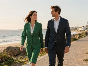 A happy professional couple walking freely on a sunny coastal path in Portugal, looking relaxed and healthy, warm sunset light, representing freedom and success