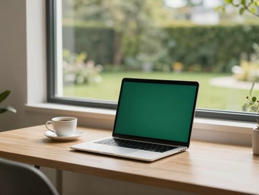 A clean modern home office desk with a laptop, a cup of coffee, and a view of a lush green garden through a large window, morning light.