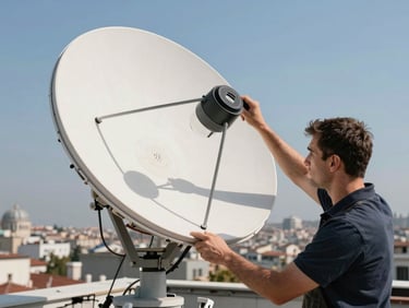 A professional technician adjusting a satellite dish on an Istanbul rooftop, bright daylight, tools in hand, clear sky background