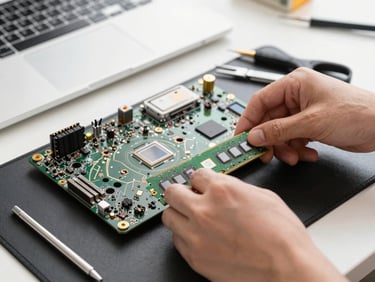 Hands upgrading RAM in a laptop motherboard on an ESD mat, precise tools visible, bright workspace light.