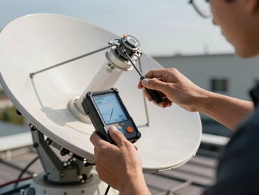 Close-up of a technician hands aligning a metallic satellite dish on a roof, holding a signal meter tool, bright daylight.