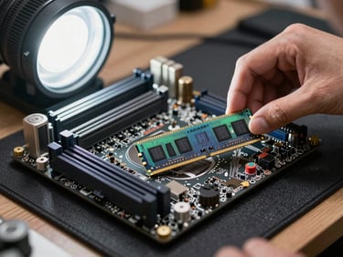 Close-up of a computer motherboard on an anti-static mat, a technician installing RAM, bright utility light.