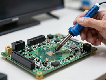 A technician repairing a LED TV motherboard with a soldering iron, close-up on circuit board, bright workspace light.