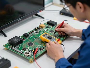 A technician repairing a flat screen TV on a clean workbench, testing internal circuit boards with a yellow multimeter.