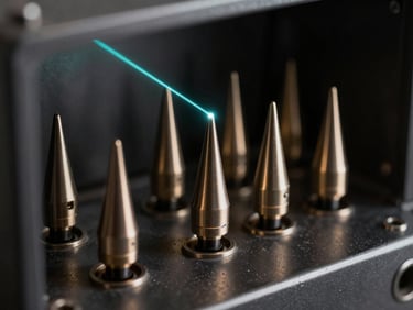 Macro studio shot of ultrasonic micro-nozzles inside a dark metallic chamber, illuminated by a single electric cyan laser line, high-contrast details