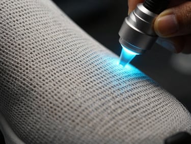 Extreme close-up of a premium sneaker mesh fabric being scanned by an electric cyan light beam inside a dark laboratory, sharp focus on texture