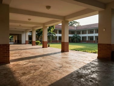 Wide environmental shot of an open-air corridor at The Colombo Academy, polished concrete floors, terracotta brick accents, lush green courtyard seen through columns, dramatic afternoon shadows