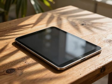 Close-up of physical-meets-digital artifacts, a tablet resting on a reclaimed teak desk with warm tropical golden-hour sunlight filtering through palm leaves, creating high-contrast shadows.