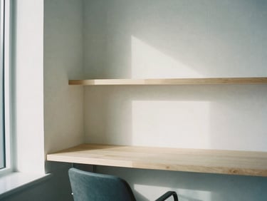Architectural detail of a minimalist modern workspace in Salt Lake City, concrete and soft wood, diffused morning light.