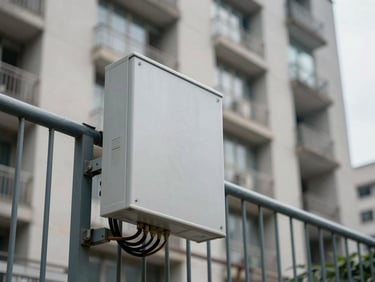 Balcony power station panel mounted on apartment railing, urban building facade in background, north-facing diffuse daylight, wiring connector detail visible in foreground