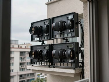 Balcony power station two-panel setup mounted on apartment balcony railing, urban building facade behind, overcast daylight, cables routed neatly through balcony door frame visible in right edge of frame
