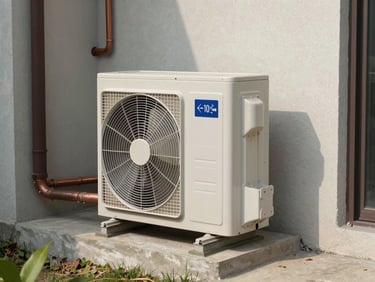 Heat pump outdoor unit mounted on a concrete pad beside a residential building wall, utility space with visible copper refrigerant lines and electrical conduit, north-facing daylight, architectural documentation framing