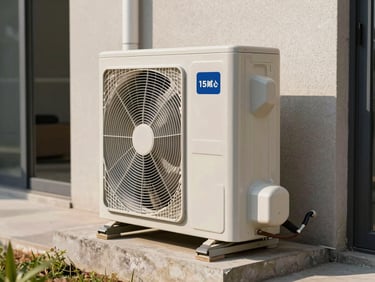 Heat pump outdoor unit mounted on a concrete plinth beside a residential building exterior, utility pipes visible, architectural daylight from the left, no people