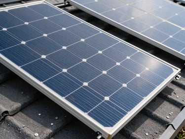 Close-up overhead technical shot of crystalline solar panel cells on a residential roof, rivets and aluminium rail connectors visible in sharp studio-strobe lighting against dark blue cell surface