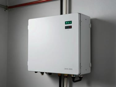 Residential battery storage unit wall-mounted in a utility room, rectangular white enclosure with status LED indicators, technical conduit connections visible, studio strobe side-lighting showing panel seams and labeling
