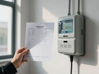 Hand holding a printed energy tariff document beside a smart electricity meter in a building hallway, architectural daylight from a side window, meter display legible