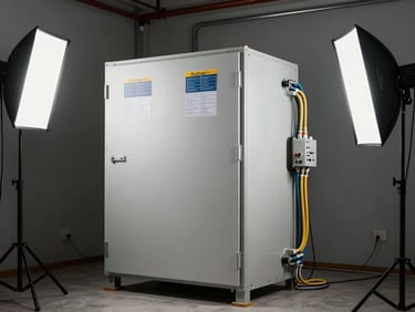 Battery storage unit installed in a residential utility room, cable management visible, studio strobe lighting highlighting component labeling and terminal connections, no people