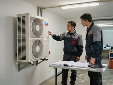 Close documentary shot inside a residential utility room, two technicians in branded workwear examining a heat pump unit mounted to the wall, one pointing at a pipe connection, technical manuals and a tablet on a folding table nearby, fluorescent work lighting, concrete floor, real working environment