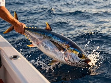 Close-up of a fisherman holding a large yellowfin tuna on the deck of a boat, golden hour light, water splashing.